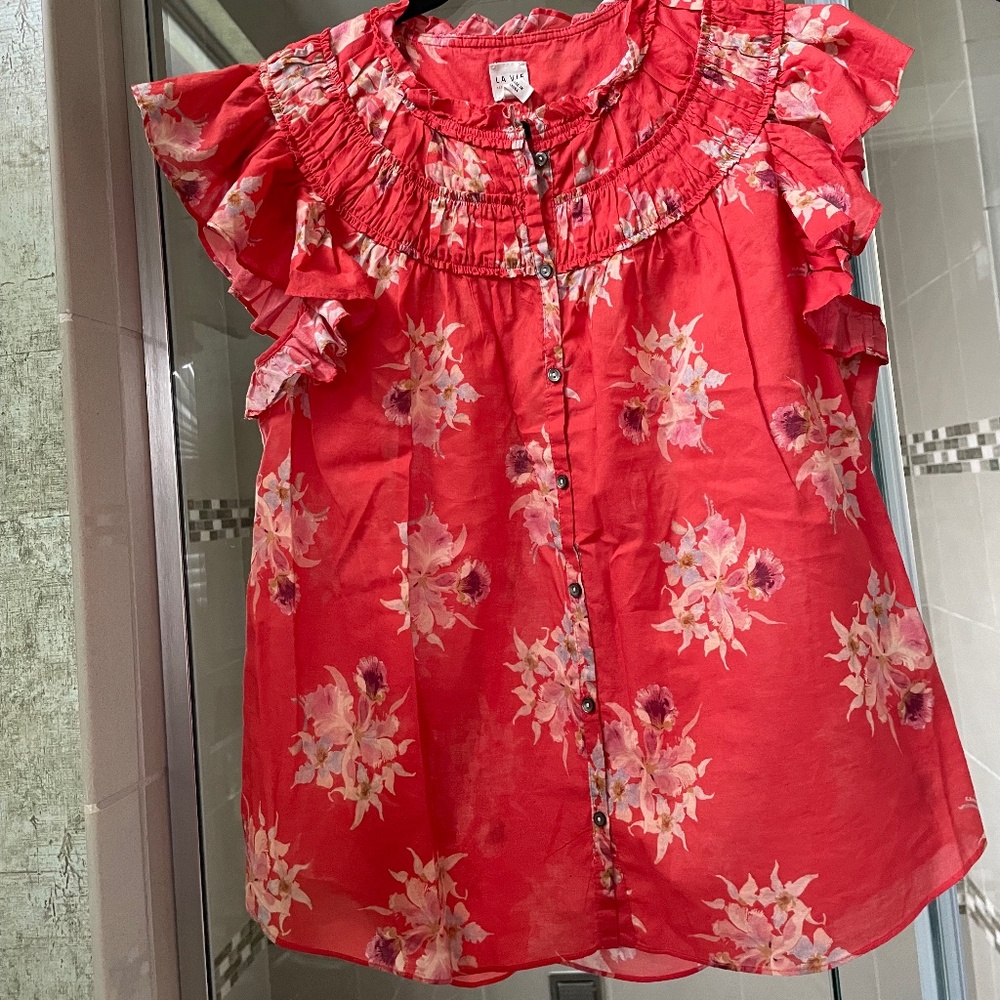 La Vie Rebecca Taylor Cap Sleeve Ruffle Blouse-size Large